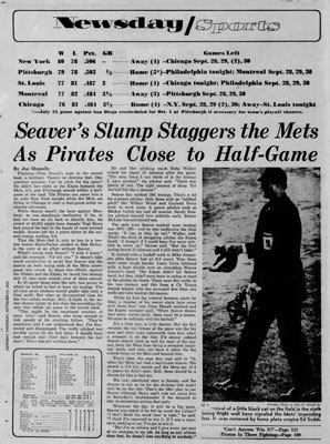 Seaver's Slump Staggers the Mets as Pirates Close to Half-Game