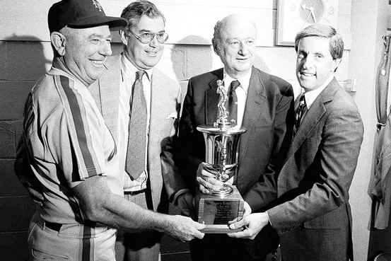Mayor Ed Koch with George Bamberger, Nelson Doubleday, Fred Wilpon and the New York City Mayor's Trophy